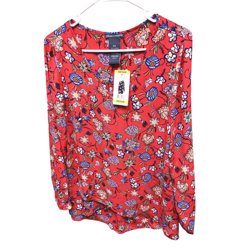 Chelsea & Theodore Crossover Woven Top Long Sleeve Red Floral V Neck Size M NWT